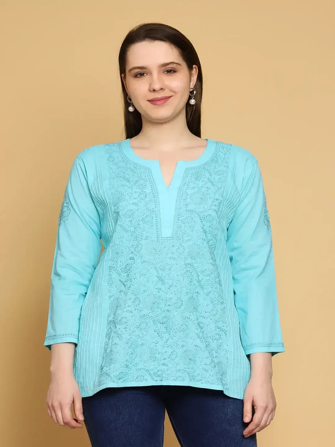 Ada Hand Embroidered Sea Green Cotton Lucknowi Chikankari Straight Kurti A911310