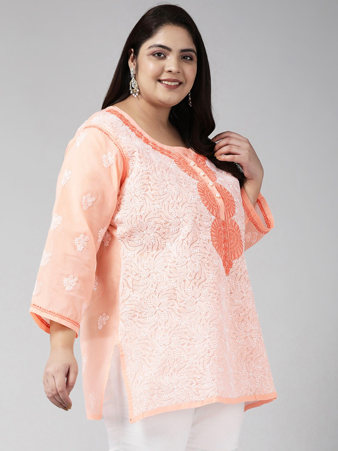 Ada Hand Embroidered Peach Cotton Lucknowi Chikankari Short Kurti A273726