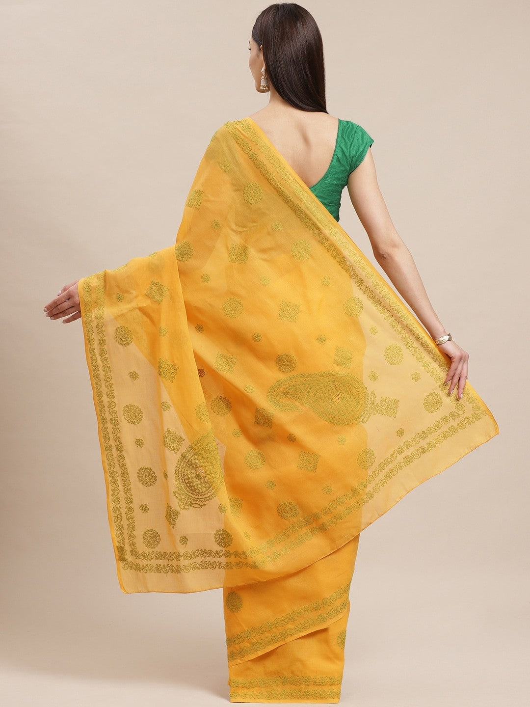 Ada Hand Embroidered Mustard Cotton Lucknow Chikan Saree With Blouse A311144