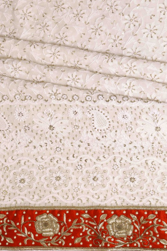 Ada Hand Embroidered Off White Pure Georgette Lucknowi Chikan Unstitched Kurta Dupatta Set with Pearl & Sequinned Work A227700