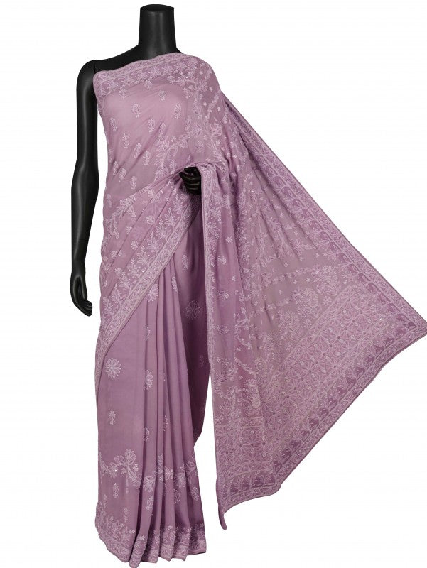 Ada Hand Embroidered Mauve Pure Georgette Lucknowi Chikankari Saree/Blouse with Pearl Work A534050