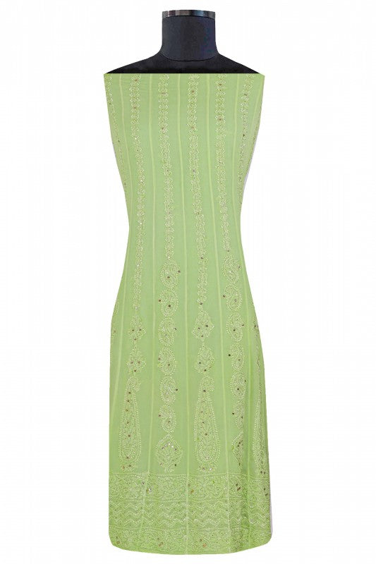 Ada Hand Embroidered Pear Green Georgette Lucknowi Chikankari Semi-stitched Anarkali Kurta Dupatta Set With Muqaish Work A619754