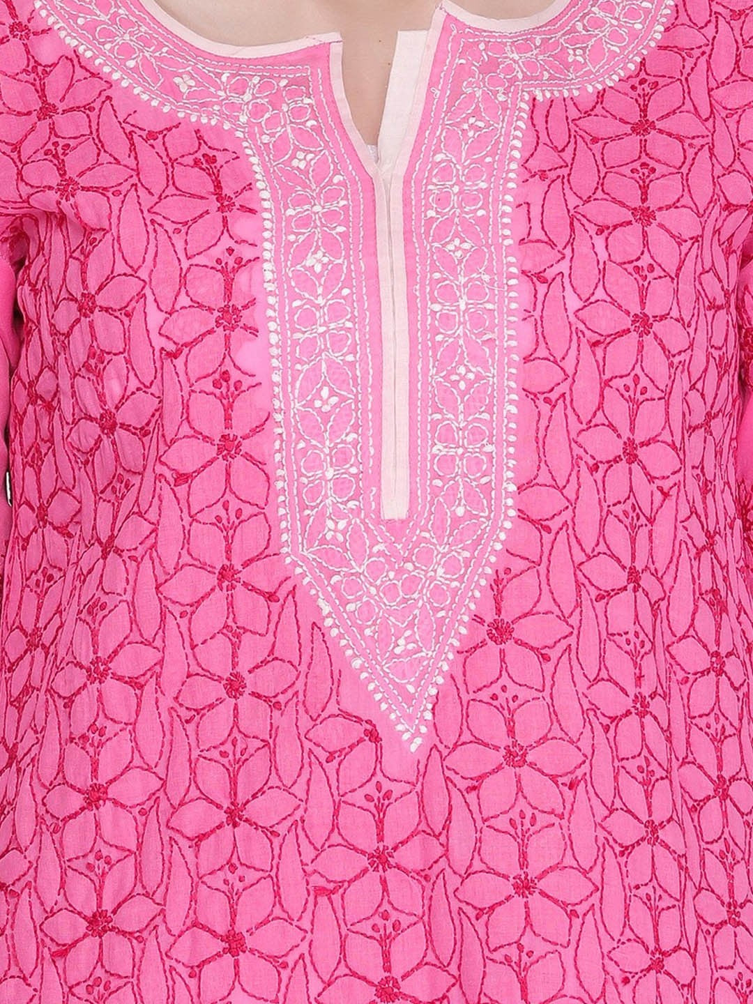 Ada Hand Embroidered Pink Cotton Lucknow Chikan Kurti- A272678
