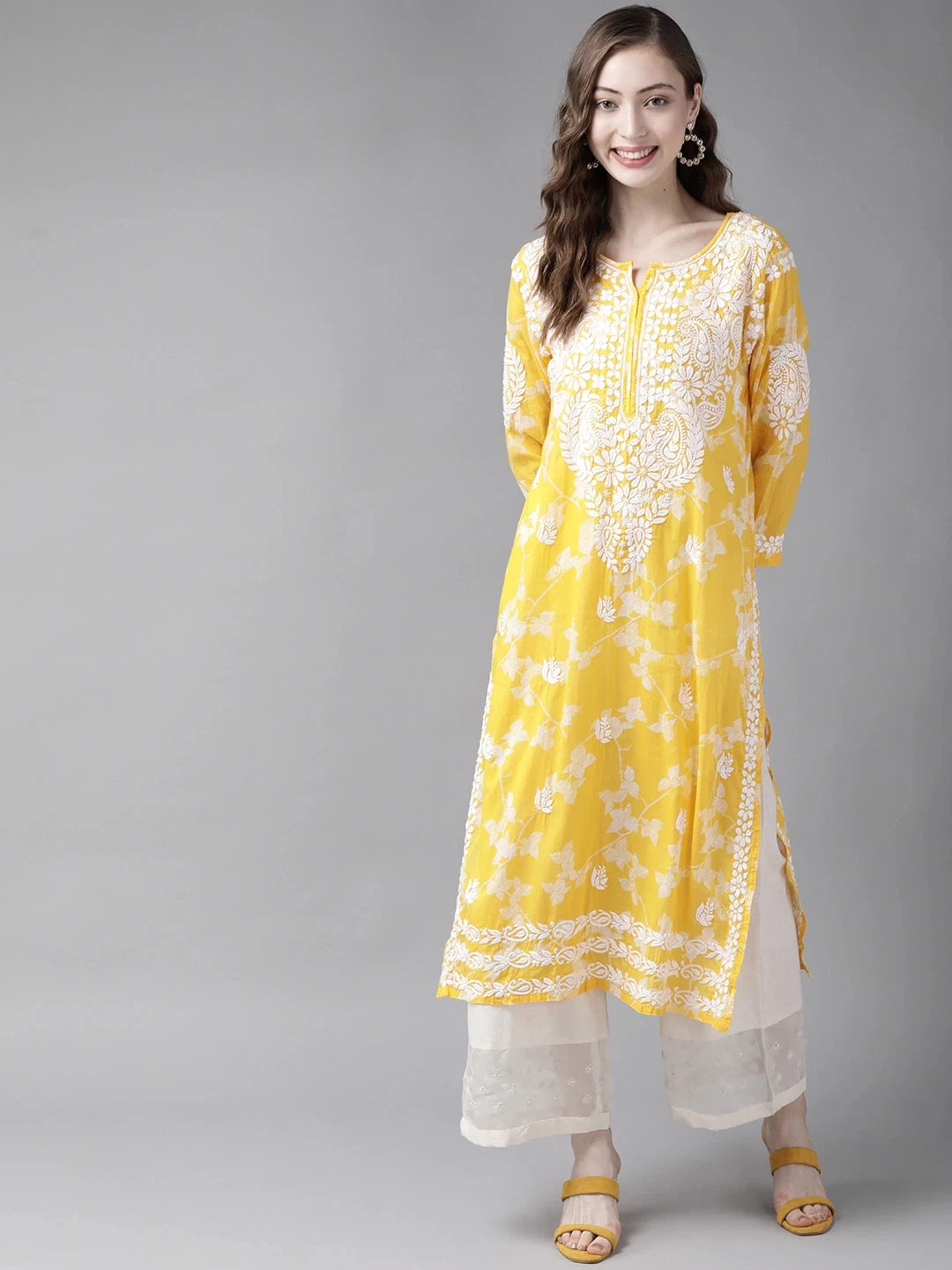 Ada Hand Embroidered Yellow Cotton Lucknowi Chikan Kurta A411268