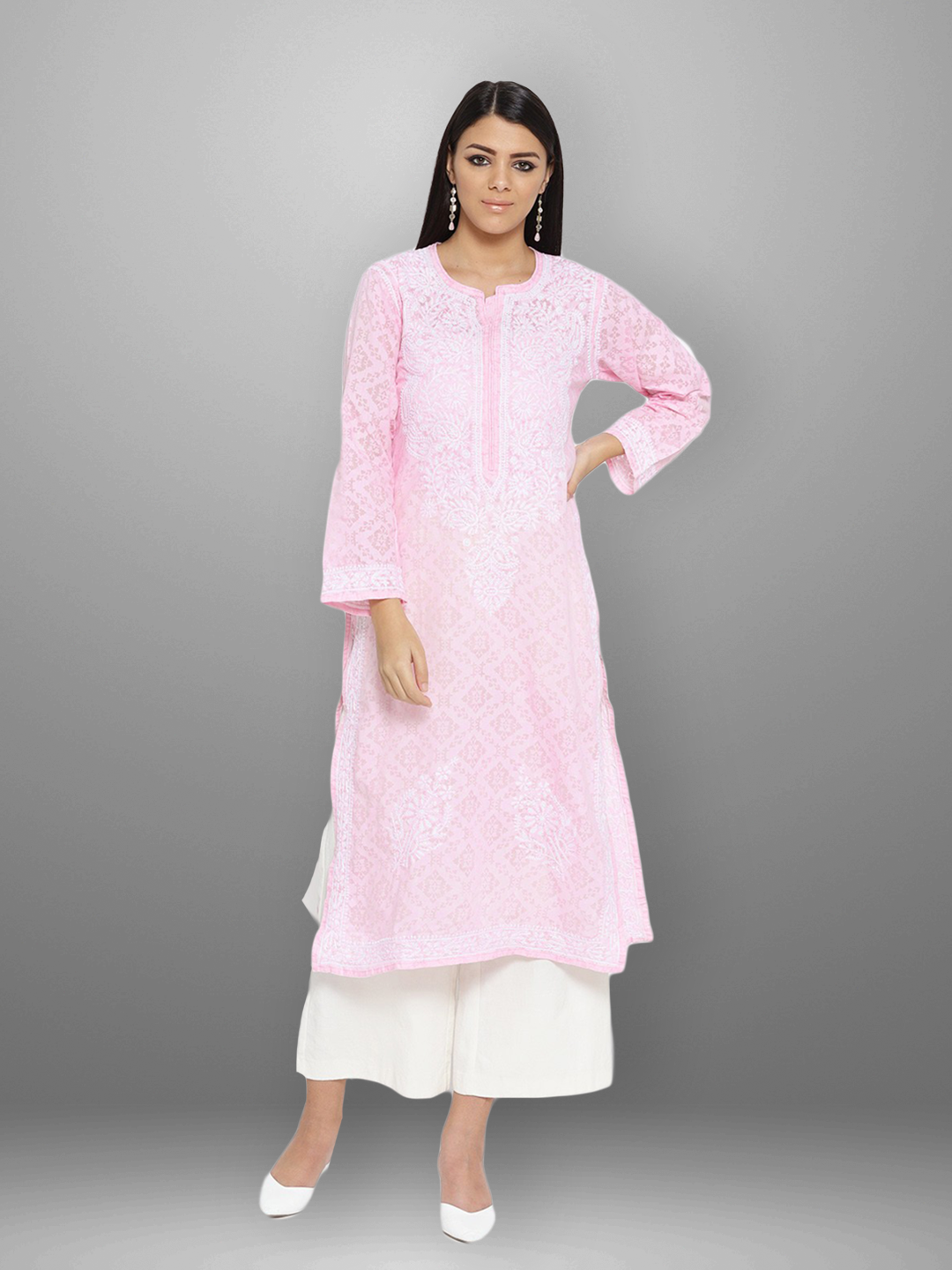 Ada Hand Embroidered Pink Cotton Lucknowi Chikankari Straight Kurta A100108