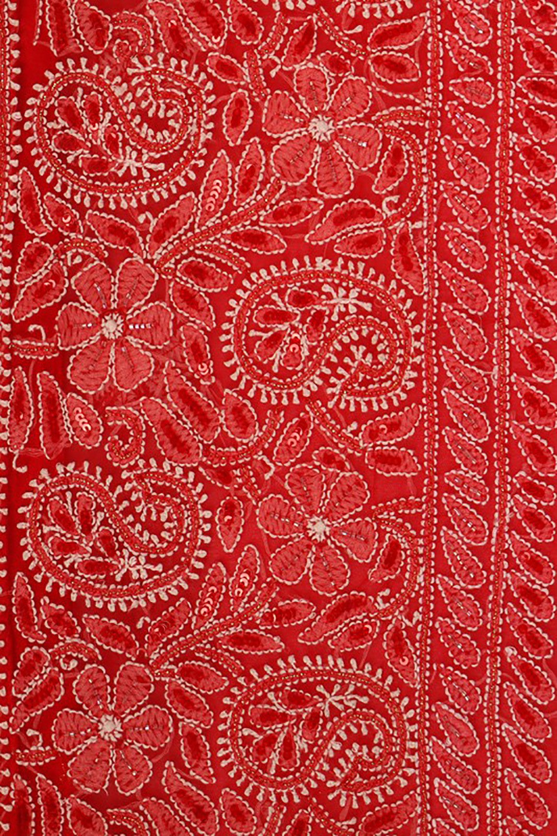 Ada Hand Embroidered Red Georgette Lucknowi Chikankari Saree/Blouse With Sequinned Work 01A53297