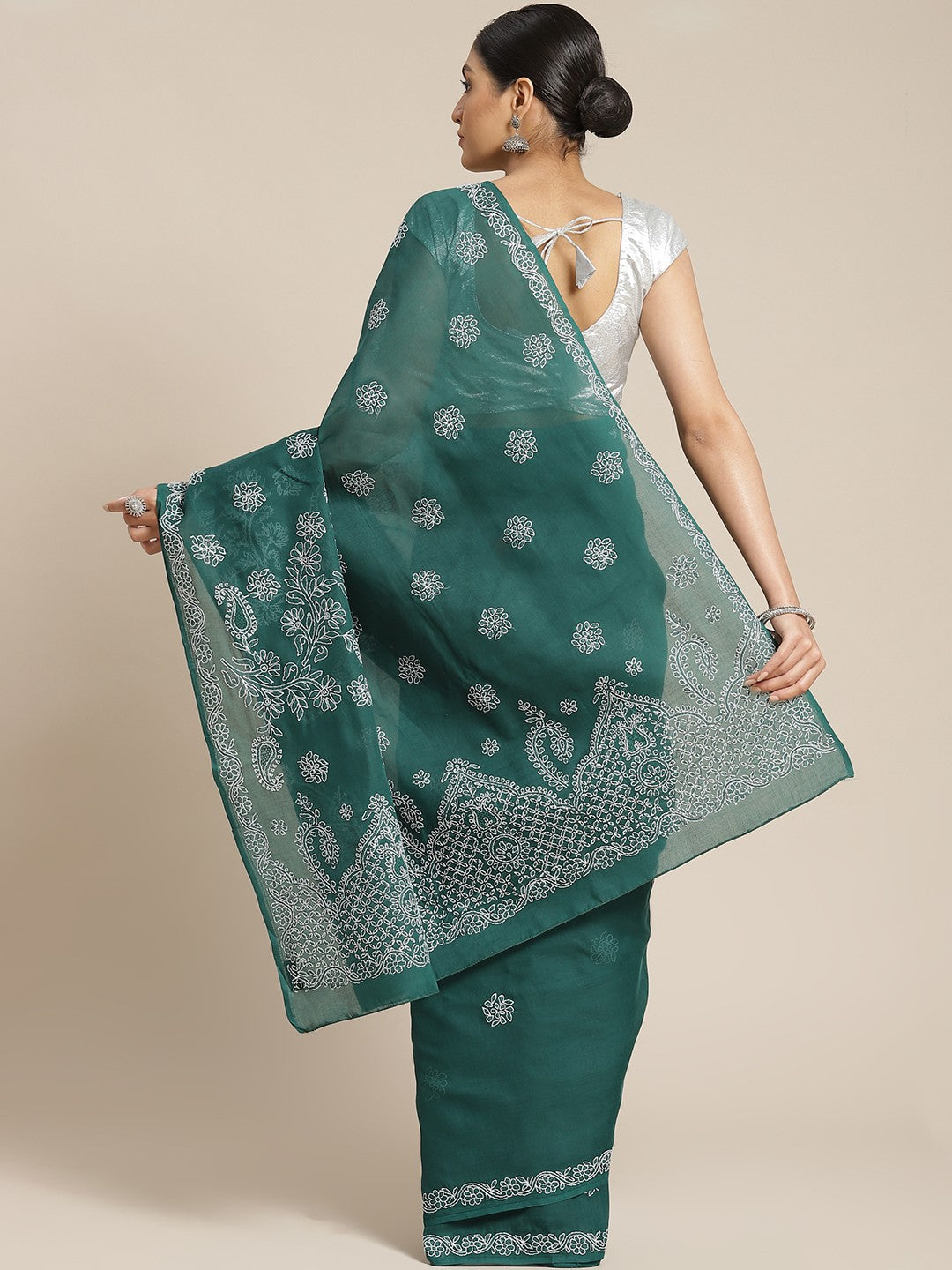 Ada Hand Embroidered Dark Green Cotton Lucknow Chikan Saree With Blouse A311148
