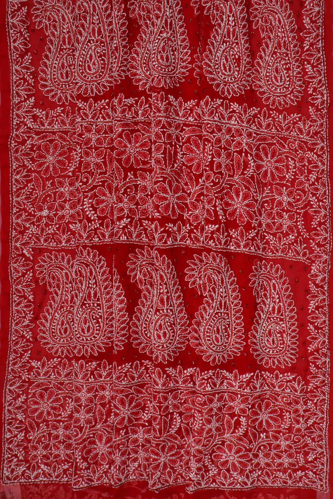 Ada Hand Embroidered Red Georgette Lucknowi Chikankari Saree/Blouse With Cutdana Work 01A204577