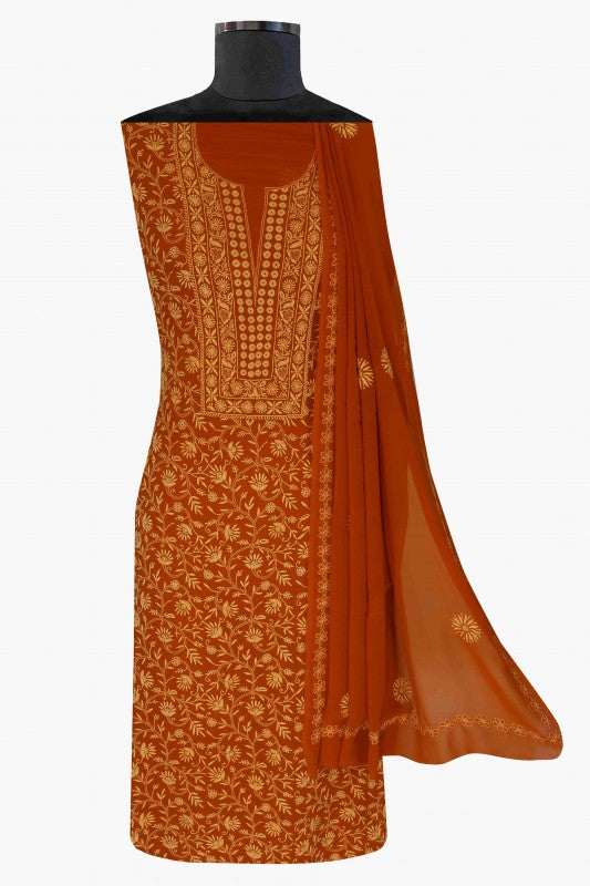 Ada Hand Embroidered Rust Pure Georgette Lucknowi Chikan Unstitched Kurta Dupatta Set A480978