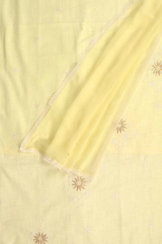 Ada Hand Embroidered Lemon Cotton Lucknowi Chikankari Unstitched Kurta Dupatta Set with Gota Patti Work A251258