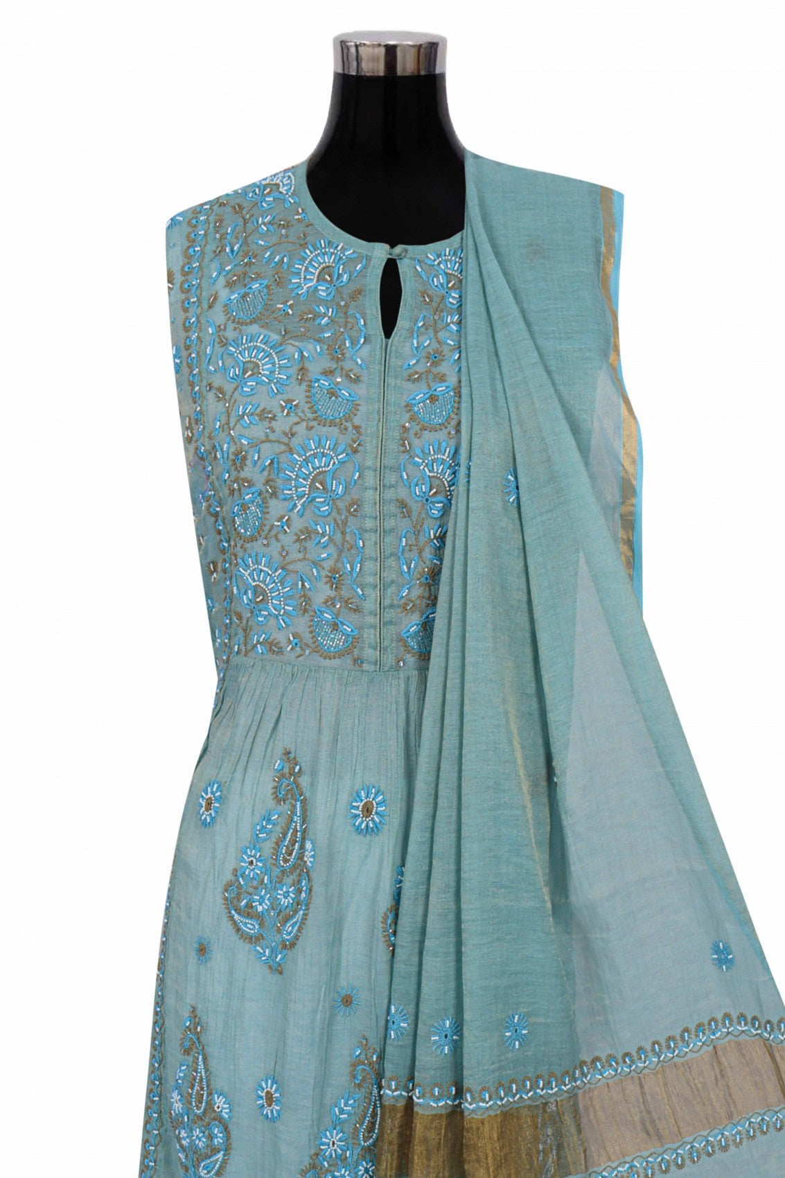 Ada Hand Embroidered Iceberg Blue Chanderi Lucknowi Chikankari Semi-Stitched Anarkali Kurta Dupatta Set With Pearl Work 01A197020