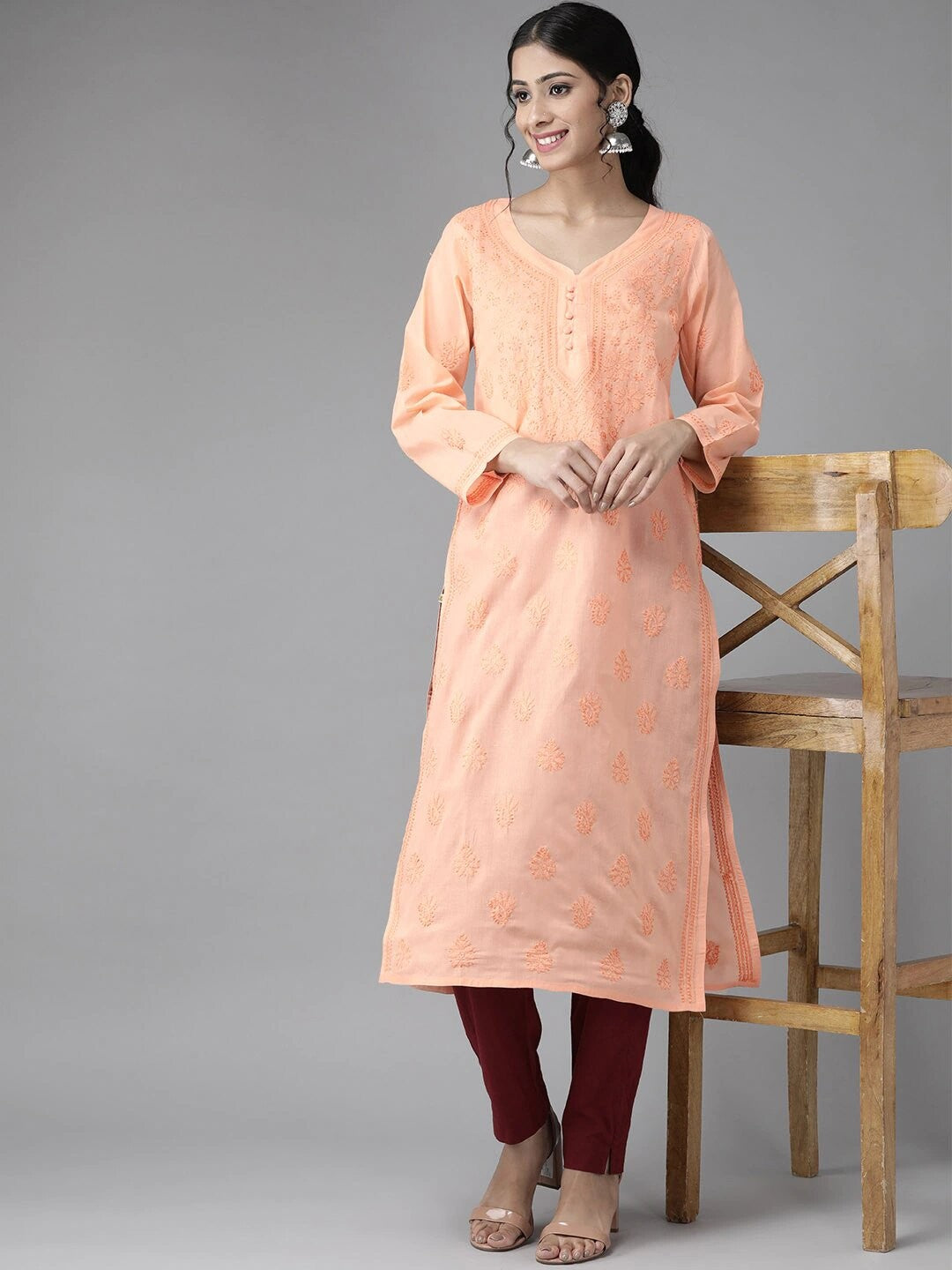 Ada Hand Embroidered Peach Cotton Lucknowi Chikankari Straight Kurta A231406
