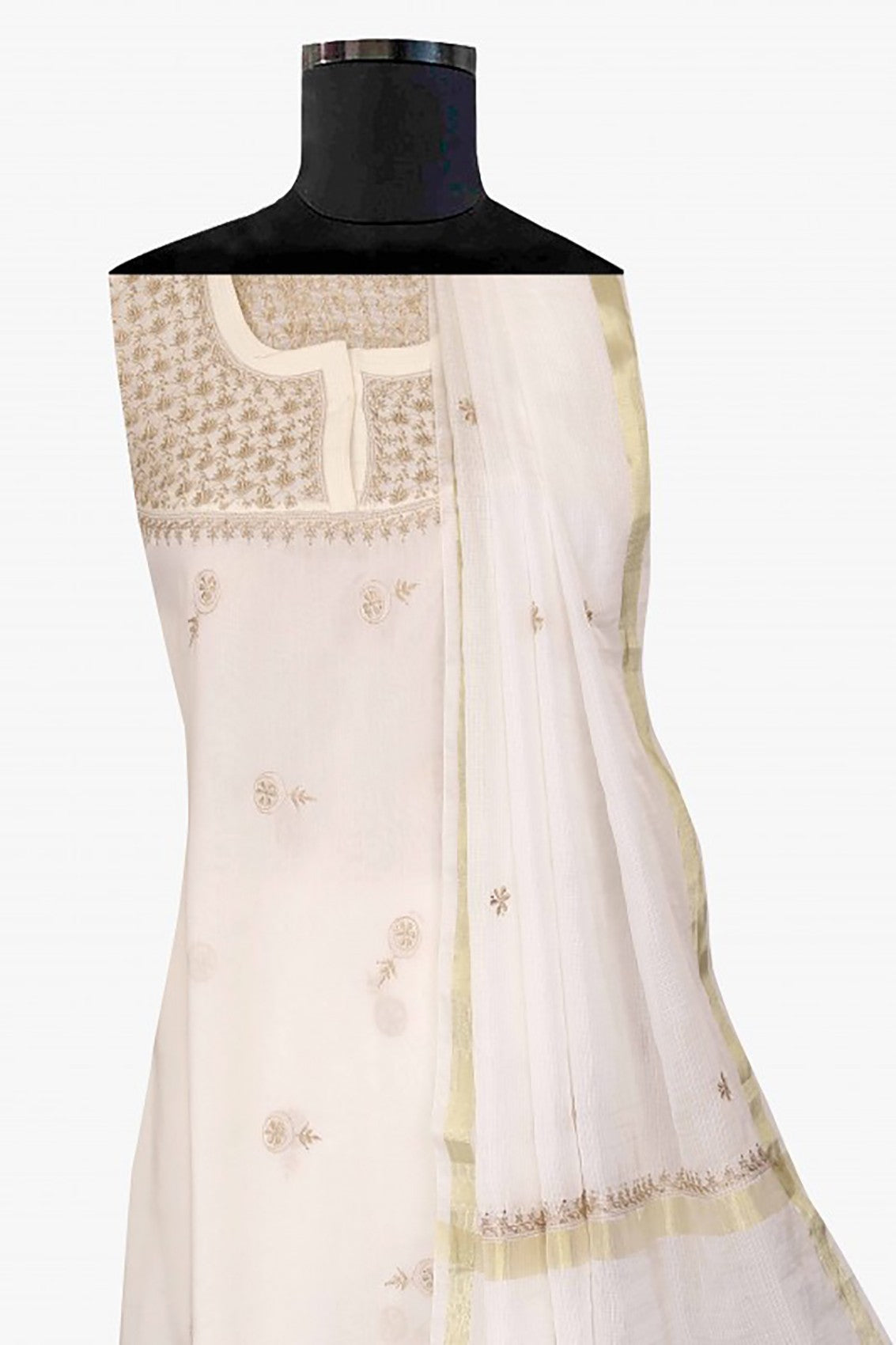 Ada Hand Embroidered Cream Chanderi Lucknowi Chikankari Semi-stitched Kurta Dupatta Set With Muqaish Work A623442