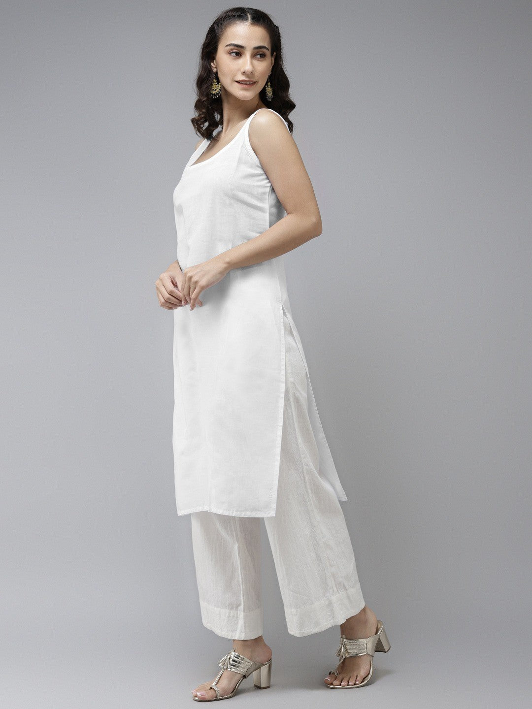 Ada Hand Embroidered White Kota Lucknowi Chikankari Straight Kurta With Slip A411224