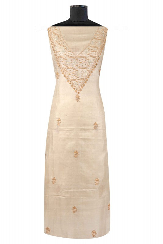 Ada Hand Embroidered Natural Fawn Tussar Silk Lucknowi Chikan Unstitched Kurta Piece A58146
