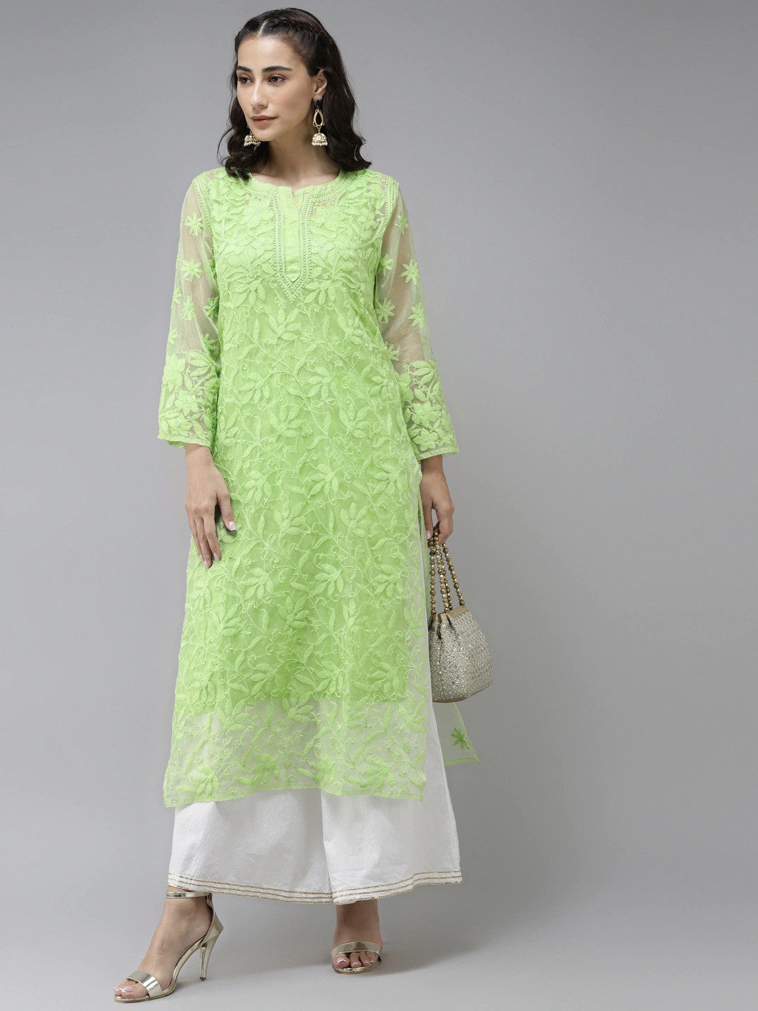 Ada Hand Embroidered Green Organza Lucknowi Chikankari Straight  Kurta With Slip- A411241
