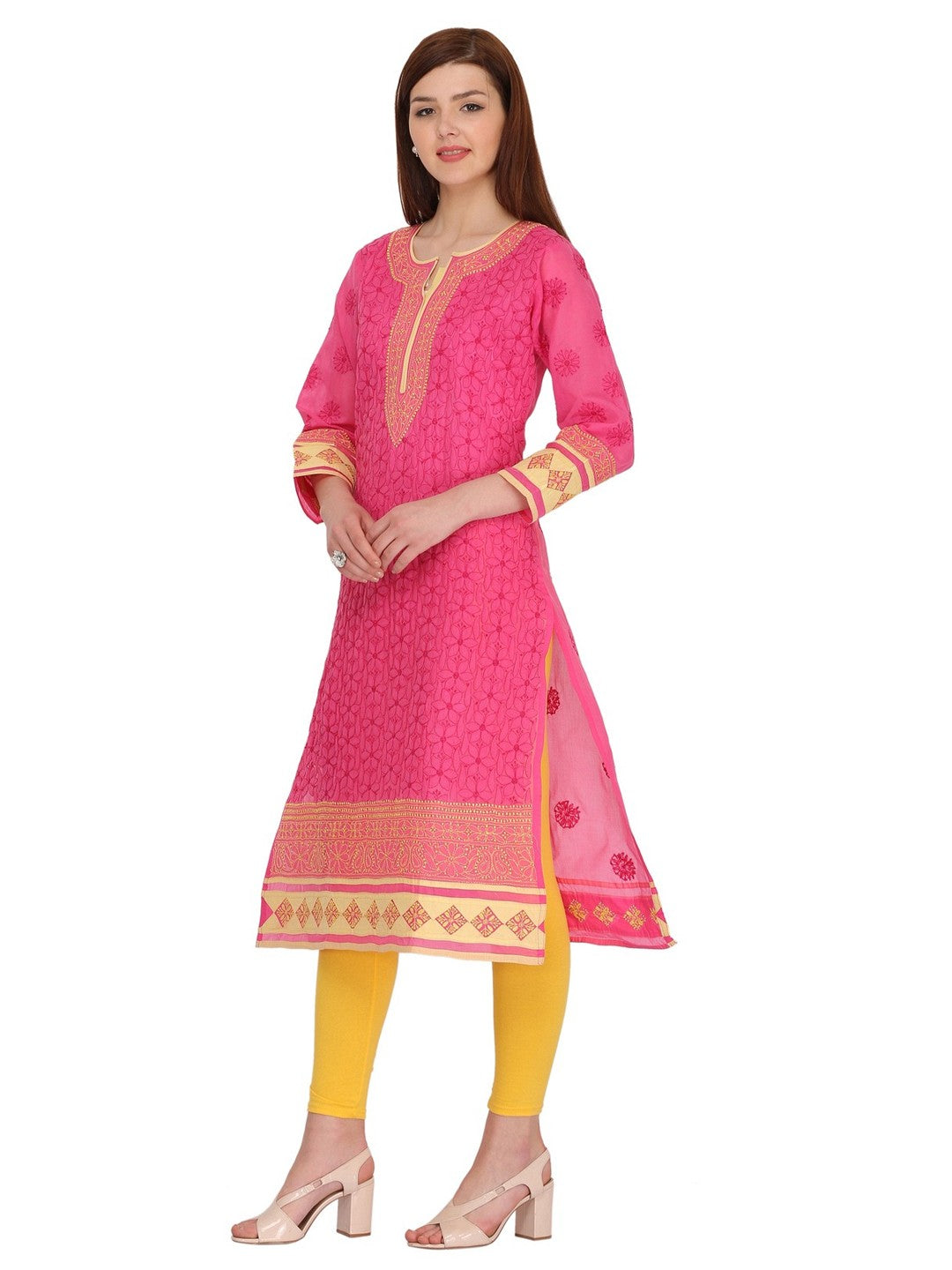 Ada Hand Embroidered Magenta Cotton Lucknowi Chikankari Straight Kurta A273522