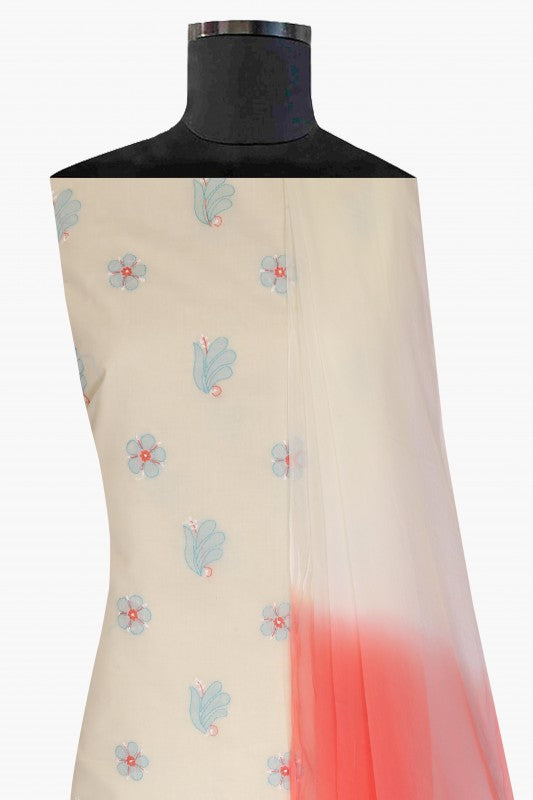 Ada Hand Embroidered Cream/Pink Cotton Lucknowi Chikan Unstitched Suit Piece A621490