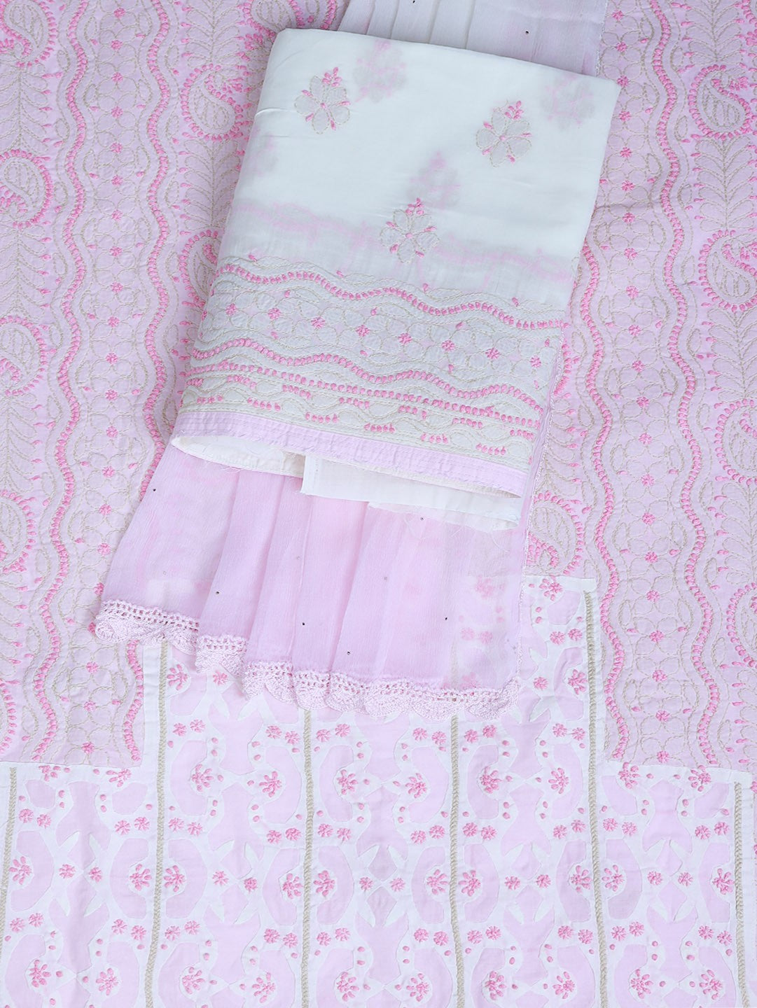 Ada Hand Embroidered Pink Cotton Lucknowi Chikan Unstitched Suit Piece– A619270