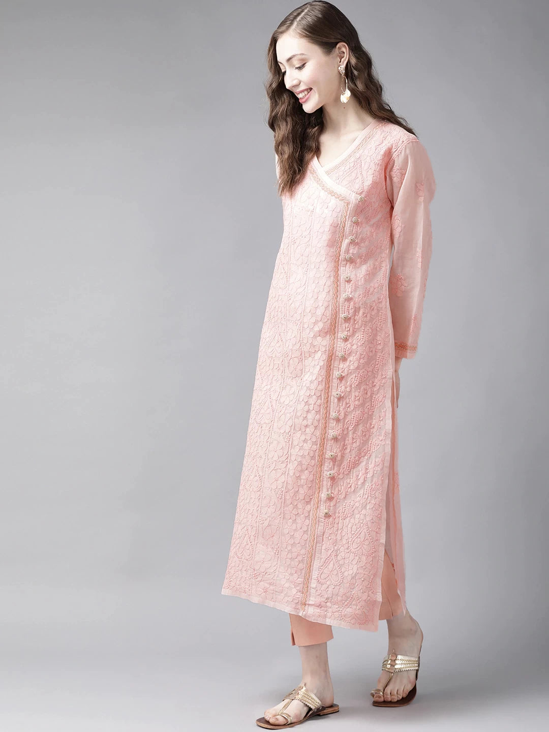 Ada Hand Embroidered Peach Cotton Lucknow Chikan Kurta-A411253