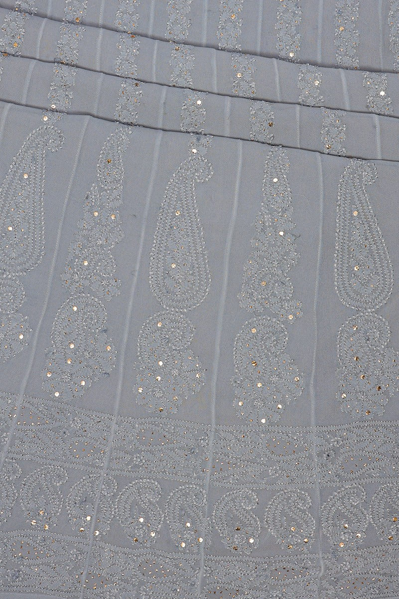 Ada Hand Embroidered Grey Georgette Lucknowi Chikankari Semi-stitched Anarkali Kurta Dupatta Set With Muqaish Work- A607087