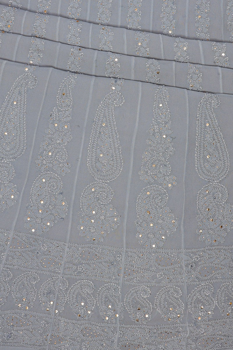 Ada Hand Embroidered Grey Georgette Lucknowi Chikankari Semi-stitched Anarkali Kurta Dupatta Set With Muqaish Work- A607087