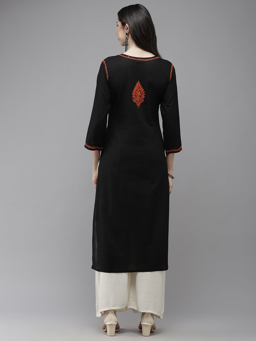 Ada Hand Embroidered Black Cotton Lucknowi Chikankari Straight Kurta A411277