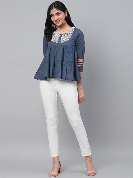 Ada Hand Embroidered Blue Cotton Lucknowi Chikankari Top A911110