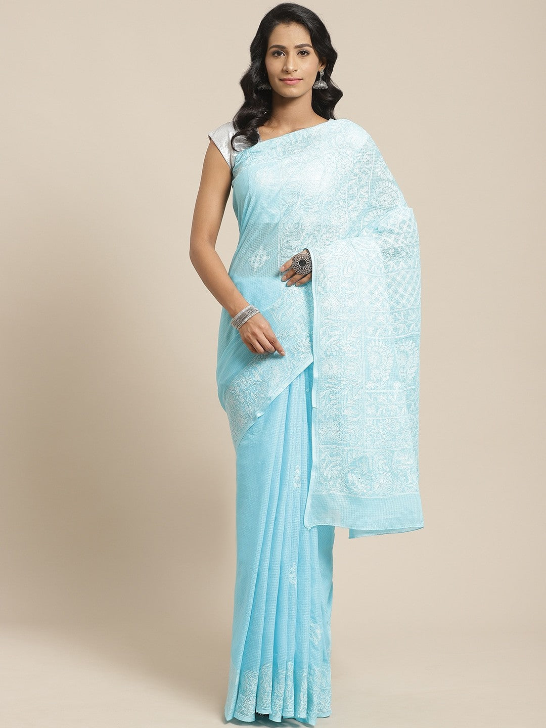 Ada Hand Embroidered Blue Kota Lucknow Chikan Saree With Blouse- A311116