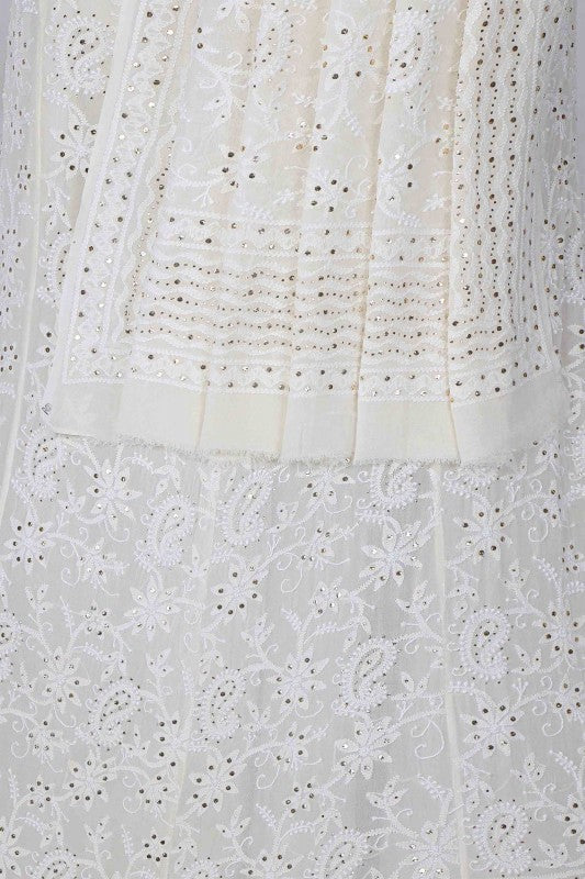Ada Hand Embroidered Off White Pure Georgette Lucknowi Chikankari Lehenga Set With Muqaish Work A578276