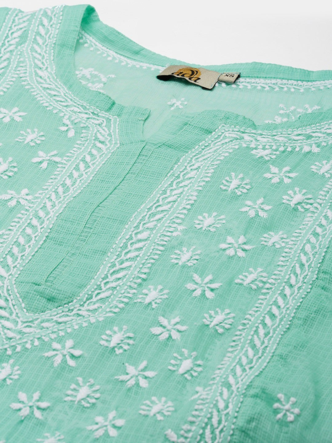 Ada Hand Embroidered Sea Green Kota Lucknow Chikankari Kurta With Slip- A411310