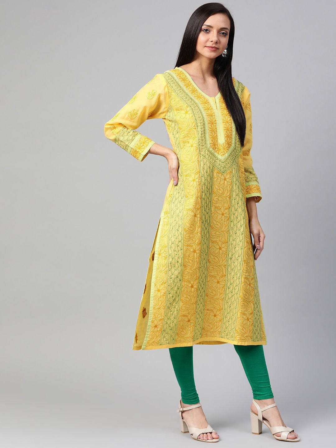 Ada Hand Embroidered Yellow Cotton Lucknow Chikan Straight Kurta- A272591
