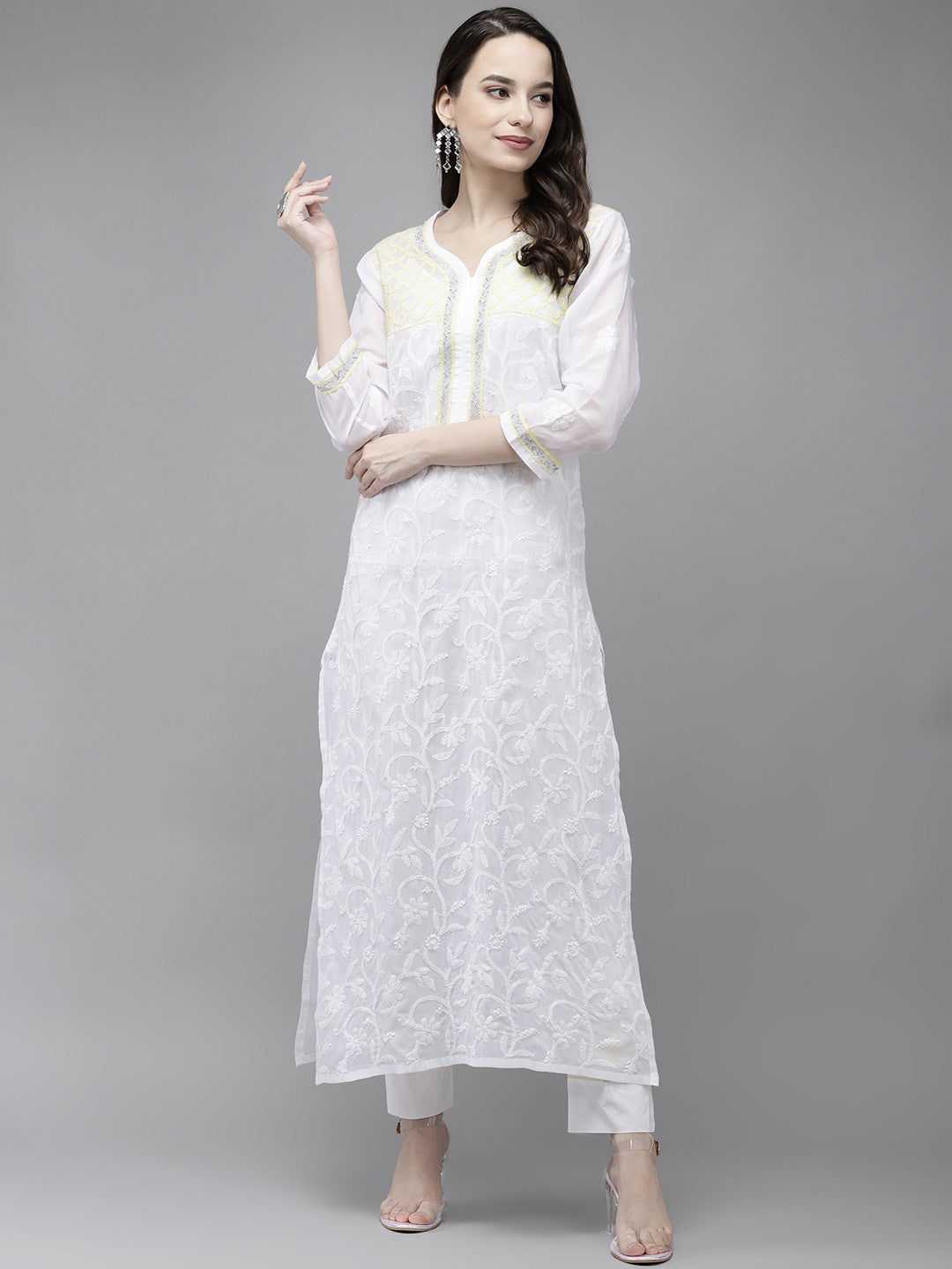 Ada Hand Embroidered White Cotton Lucknowi Chikankari Straight Kurta With Zari Work A411440