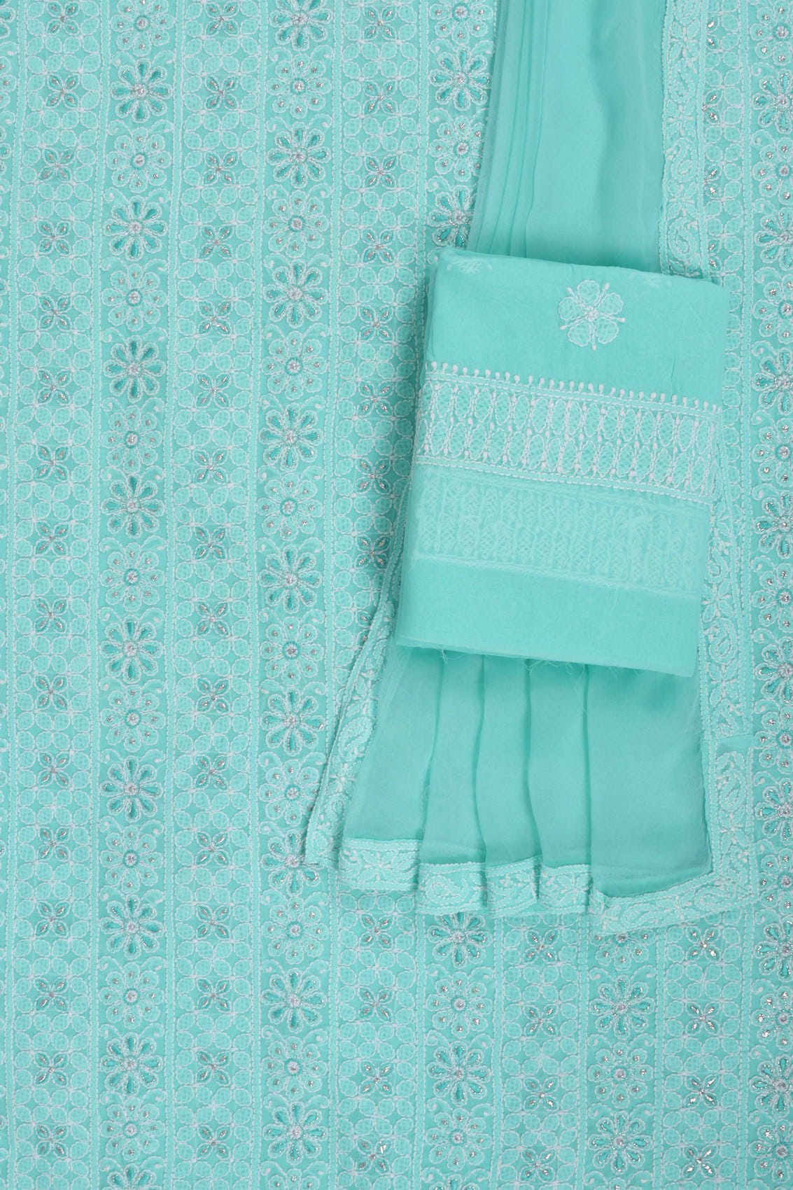 Ada Hand Embroidered Sea Green Cotton Lucknowi Chikankari Unstitched Suit Piece With Silver Lurex 01A220599