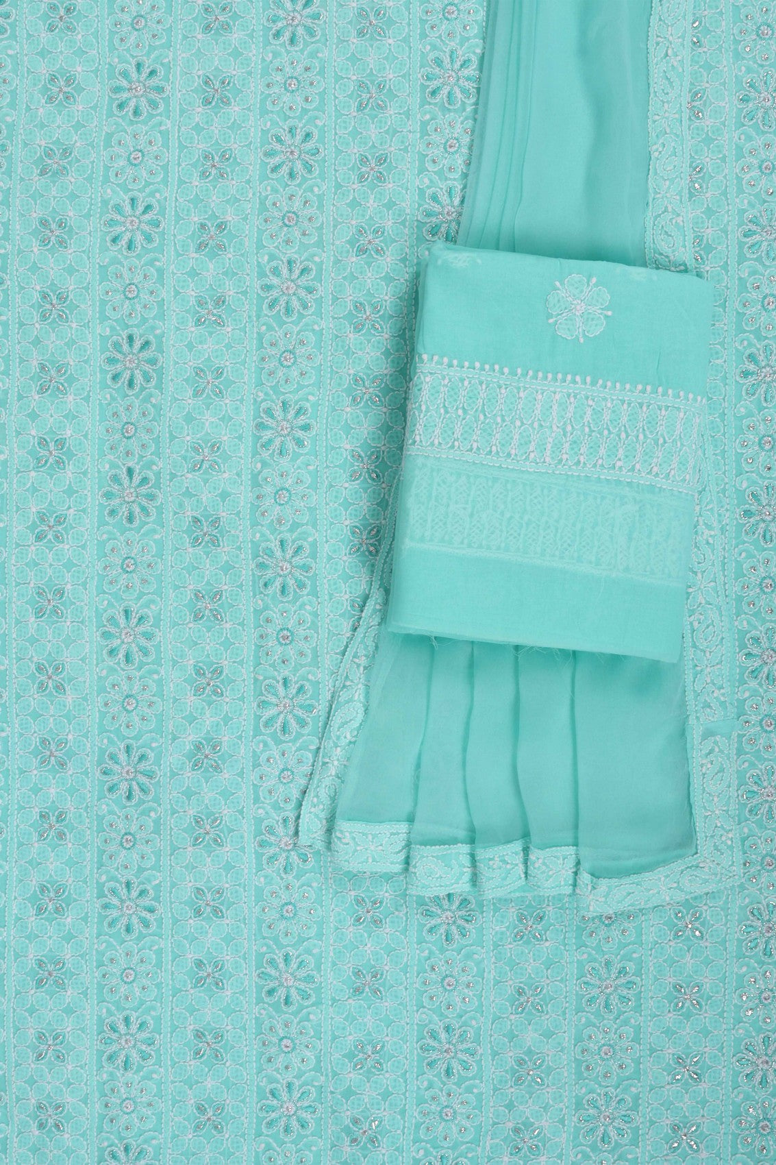 Ada Hand Embroidered Sea Green Cotton Lucknowi Chikankari Unstitched Suit Piece With Silver Lurex 01A220599