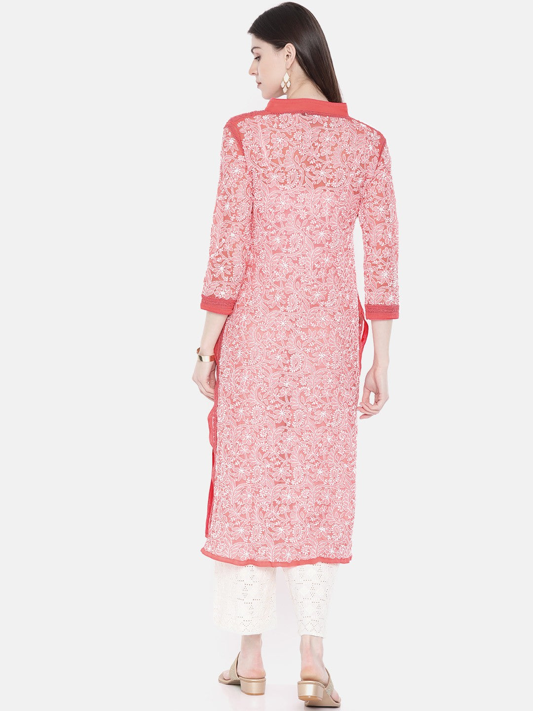 Ada Hand Embroidered Carrot Pink Georgette Lucknowi Chikankari straight Kurta-A468333