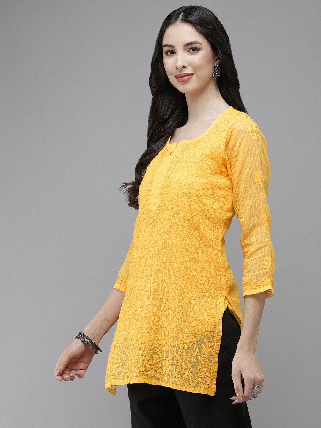 Ada Hand Embroidered Yellow Kota Lucknowi Chikankari Short Kurti With Slip A911179