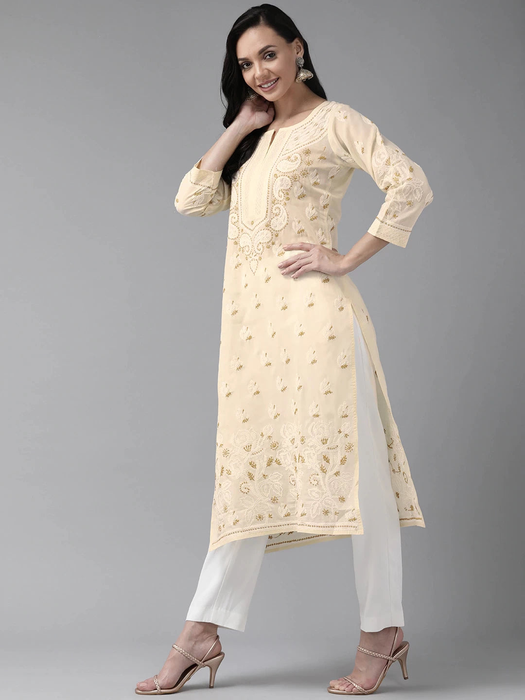Ada Hand Embroidered Cream Cotton Lucknow Chikan Straight Kurta A411182