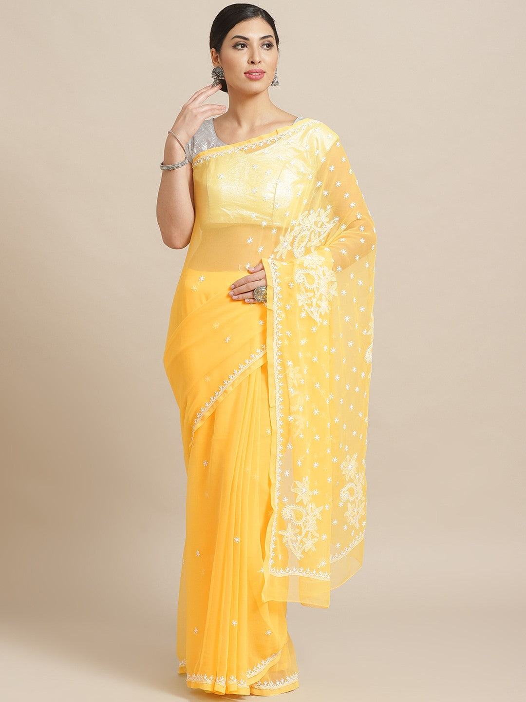 Ada Hand Embroidered Yellow Georgette Lucknow Chikan Saree with Blouse A233458