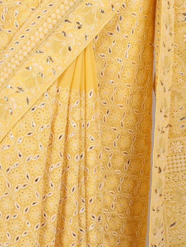 Ada Hand Embroidered Yellow Pure Georgette Lucknowi Chikankari Saree/Blouse With Muqaish Work A595825
