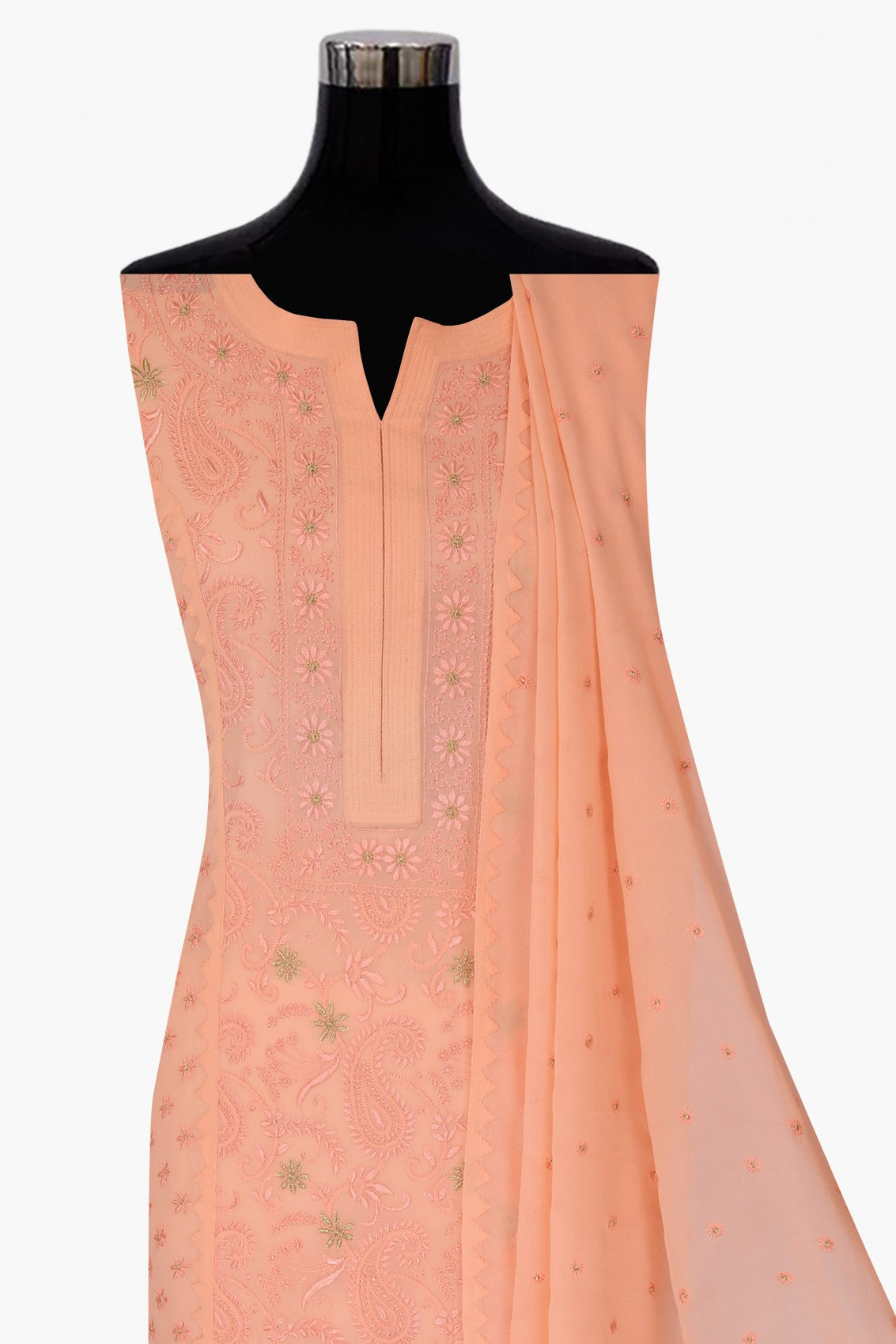 Ada Hand Embroidered Peach Pure Georgette Lucknowi Chikankari Unstitched Kurta Dupatta Set With Zari Work A374517