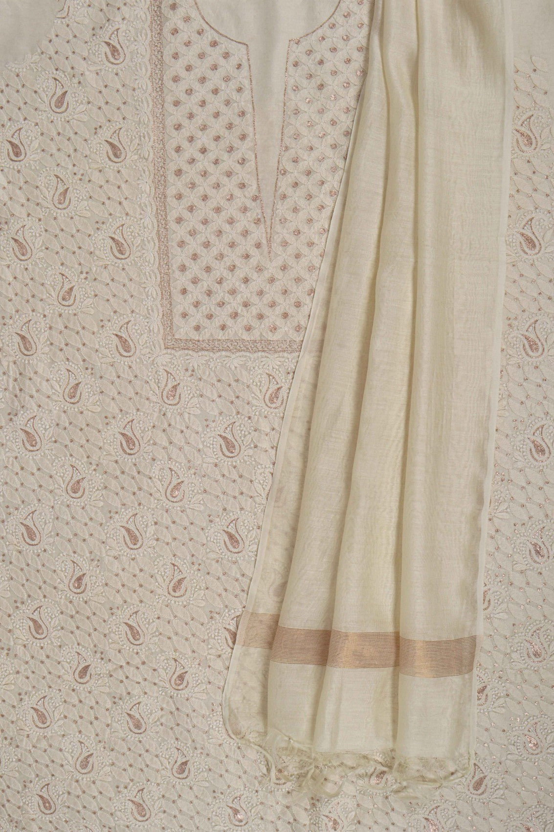 Ada Hand Embroidered Cream Chanderi Lucknowi Chikankari Unstitched Kurta Dupatta Set With Zari Work 01A105826