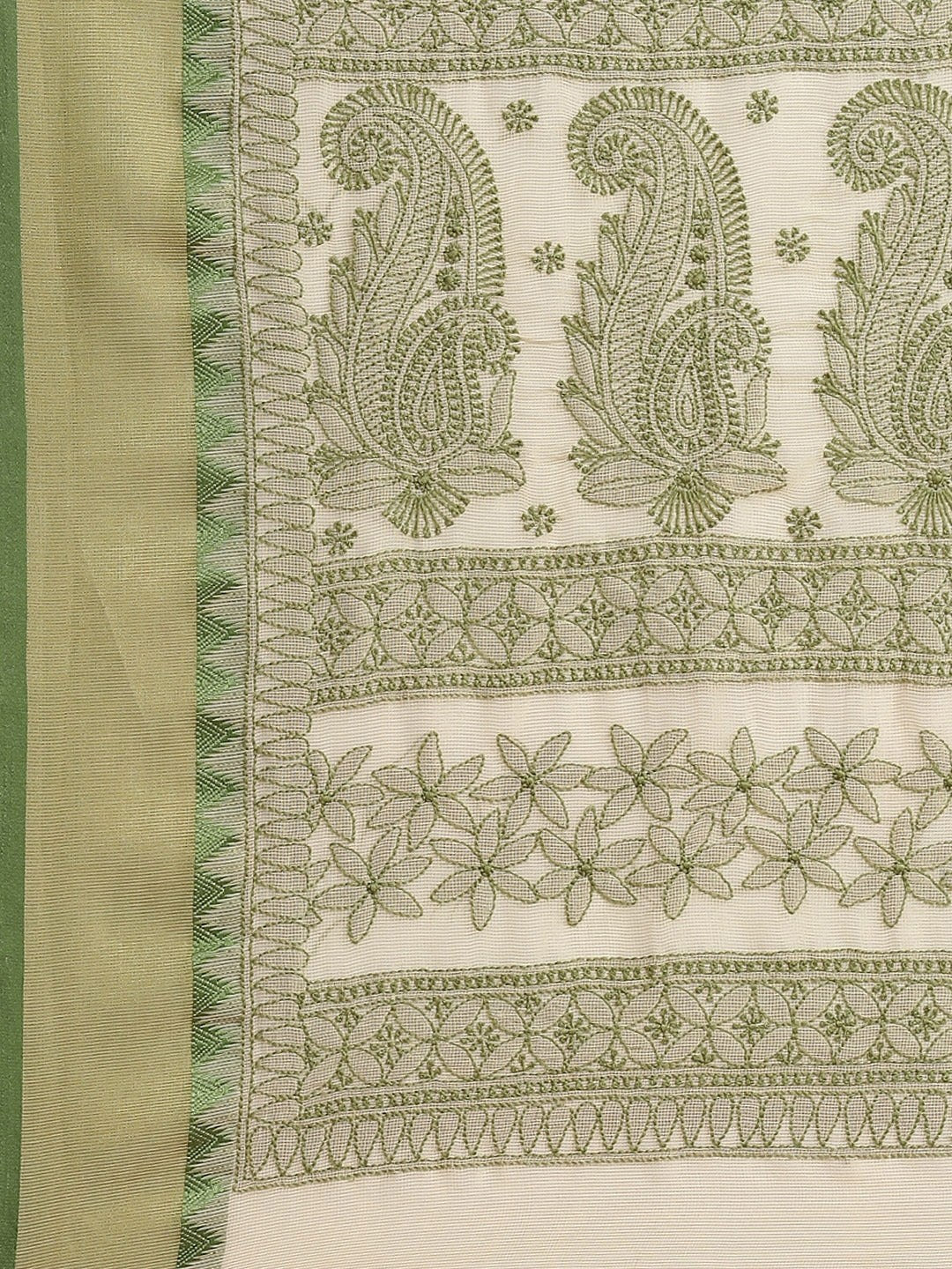 Ada Hand Embroidered Fawn Kota Lucknow Chikan Saree With Blouse-A311331