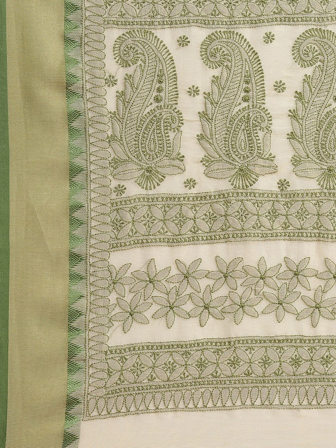 Ada Hand Embroidered Fawn Kota Lucknow Chikan Saree With Blouse-A311331