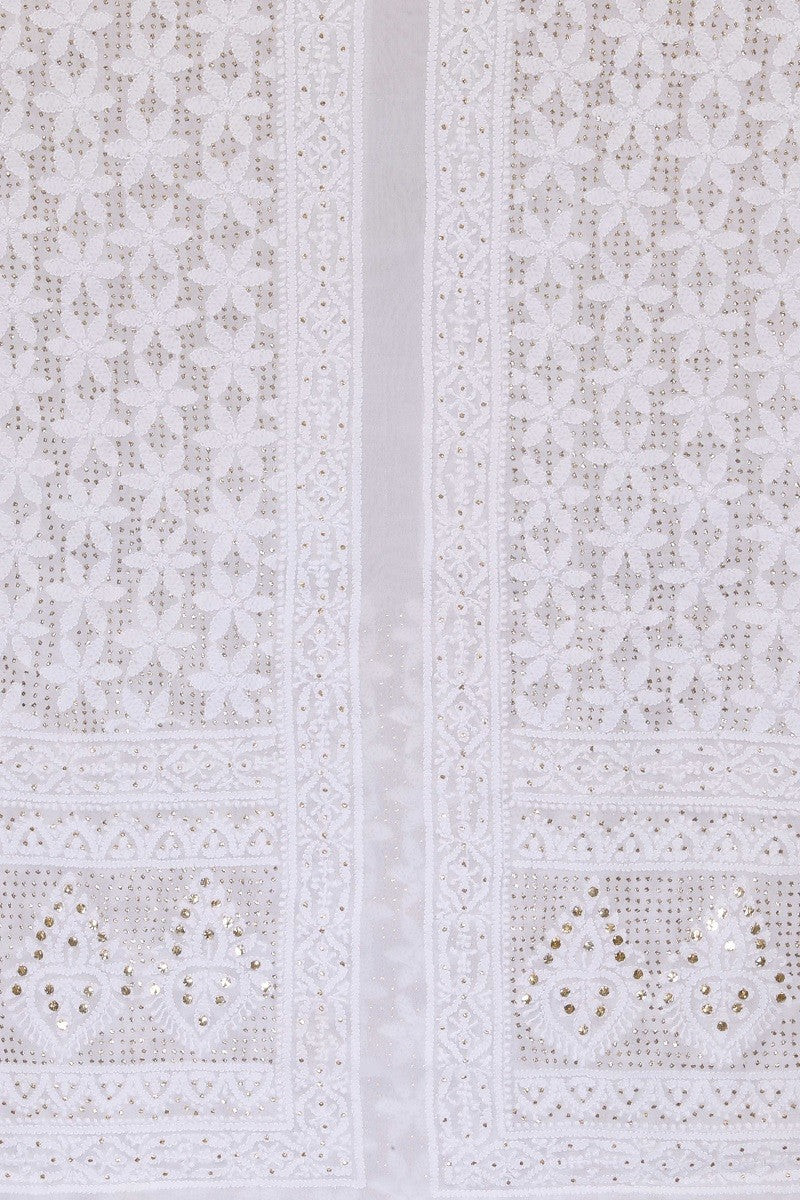 Ada Hand Embroidered White Georgette Lucknowi Chikankari Unstitched Men's Kurta Piece With Muqaish Work 01A45732