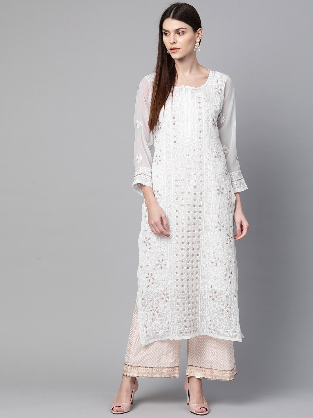 Ada Hand Embroidered White Georgette Lucknow Chikankari Straight Kurta/Slip with Muqaish Work – A100413