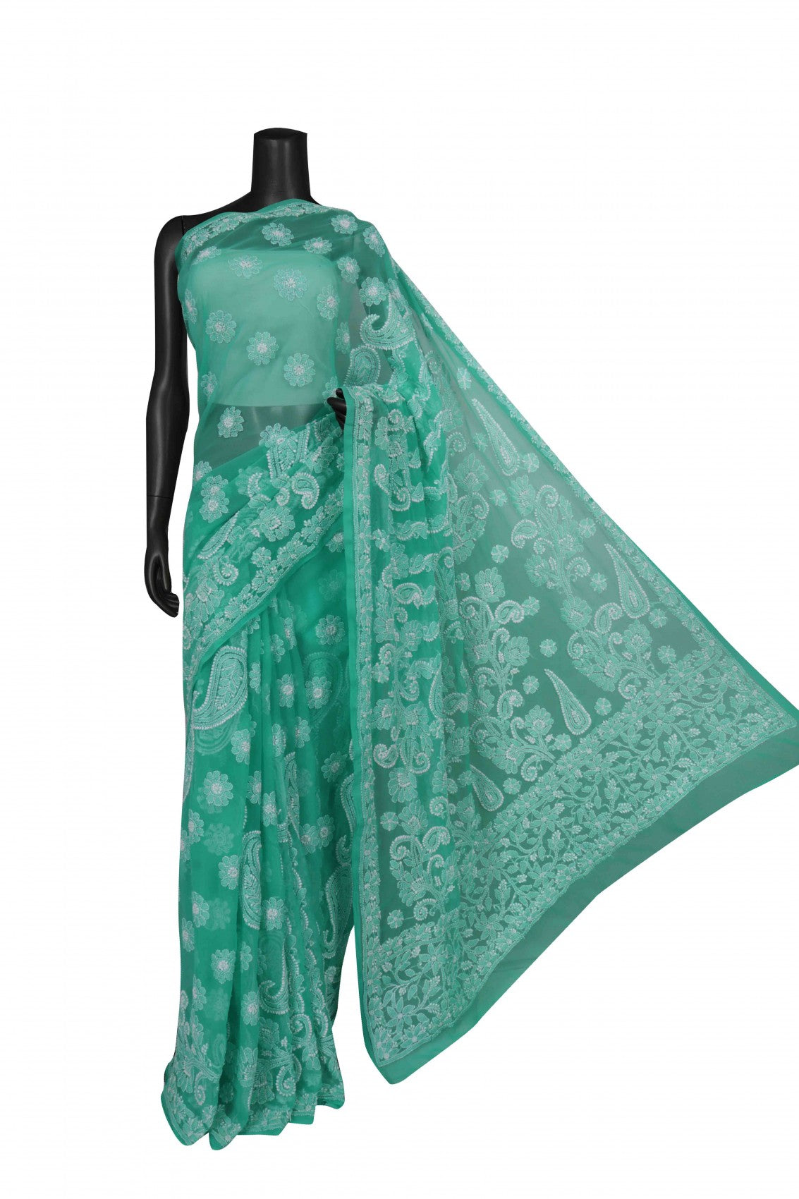 Ada Hand Embroidered Light Green Georgette Lucknowi Chikankari Saree With Blouse A569542