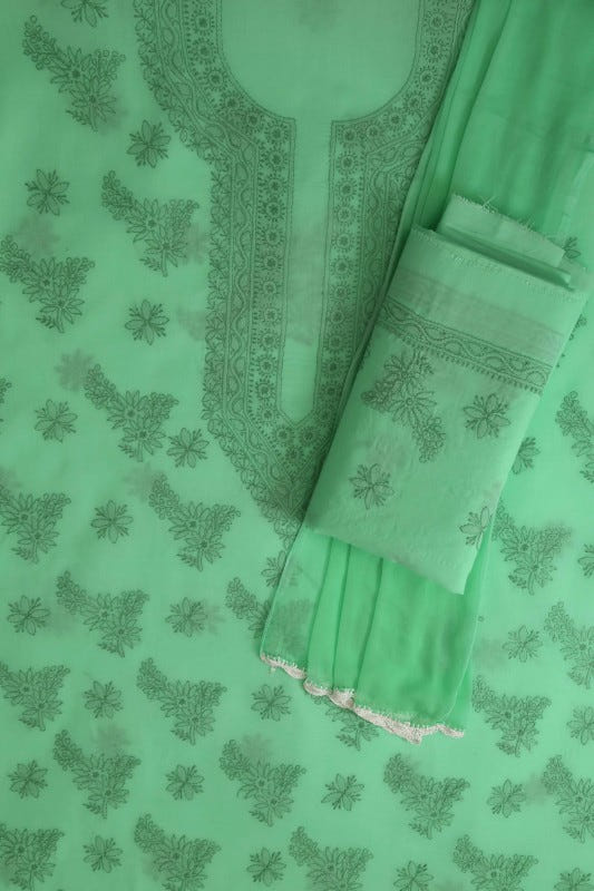Ada Hand Embroidered Sea Green Cotton Lucknowi Chikan Unstitched Suit Piece-A211141