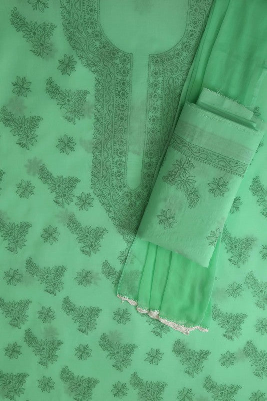 Ada Hand Embroidered Sea Green Cotton Lucknowi Chikan Unstitched Suit Piece-A211141