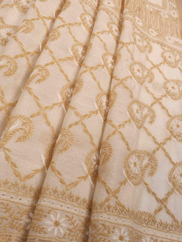 Ada Hand Embroidered Cream Chanderi Lucknowi Chikankari Saree With Blouse A606182